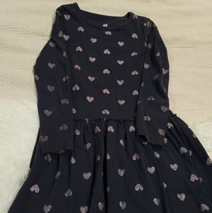 H&M Girls Cotton Navy Hearts Long Sleeve Dress
